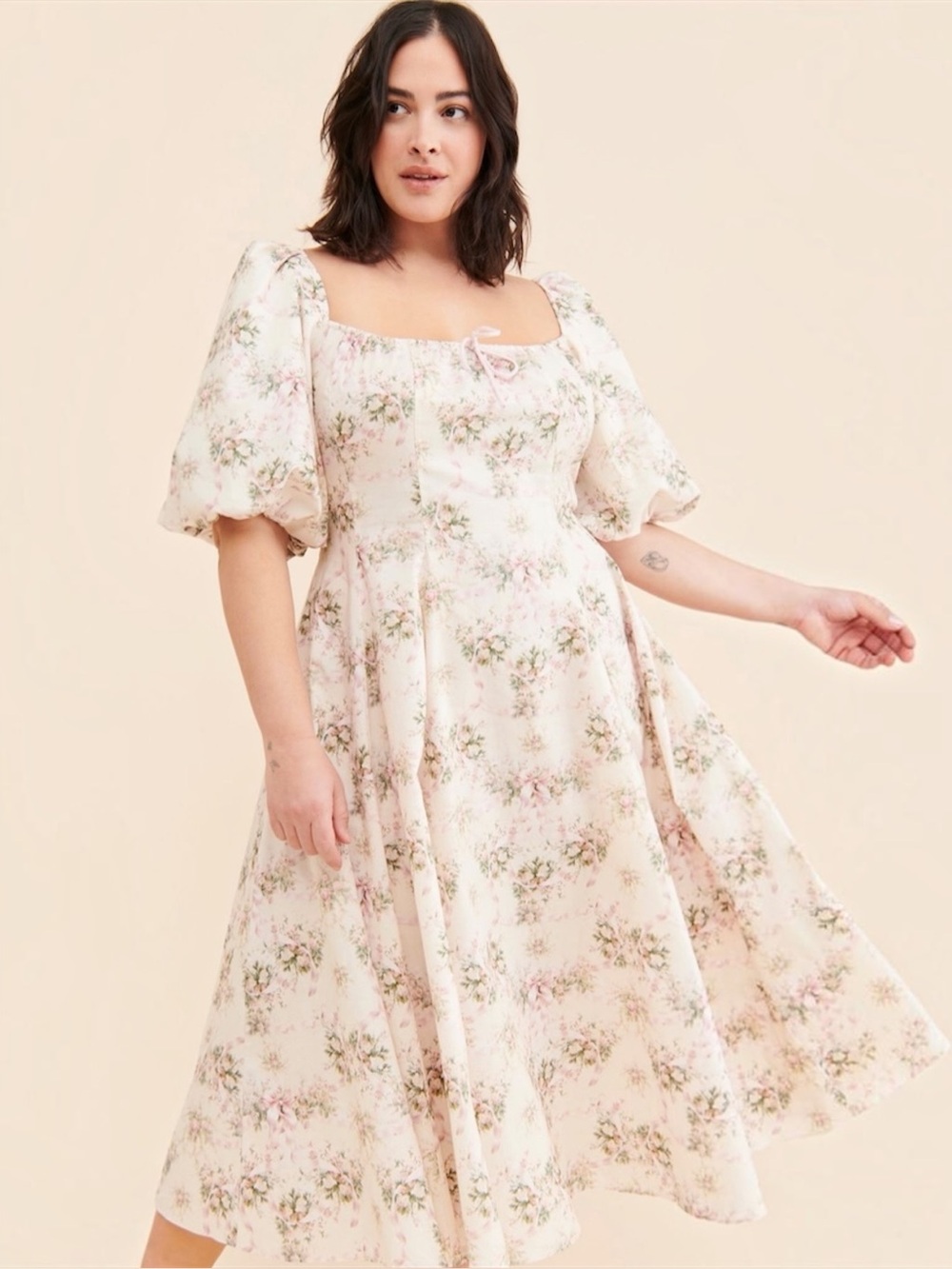 SELKIE Floral Day Dress Cotton Bow Ribbon Cottagecore Midi Peasant Plus Size 3X